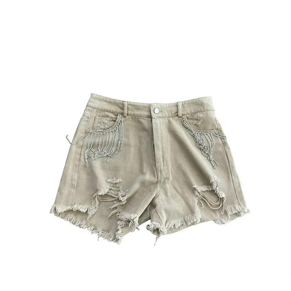 NWT Blue B Collection Women's Taupe Beige Fringe Denim Shorts Size M - Picture 2 of 5